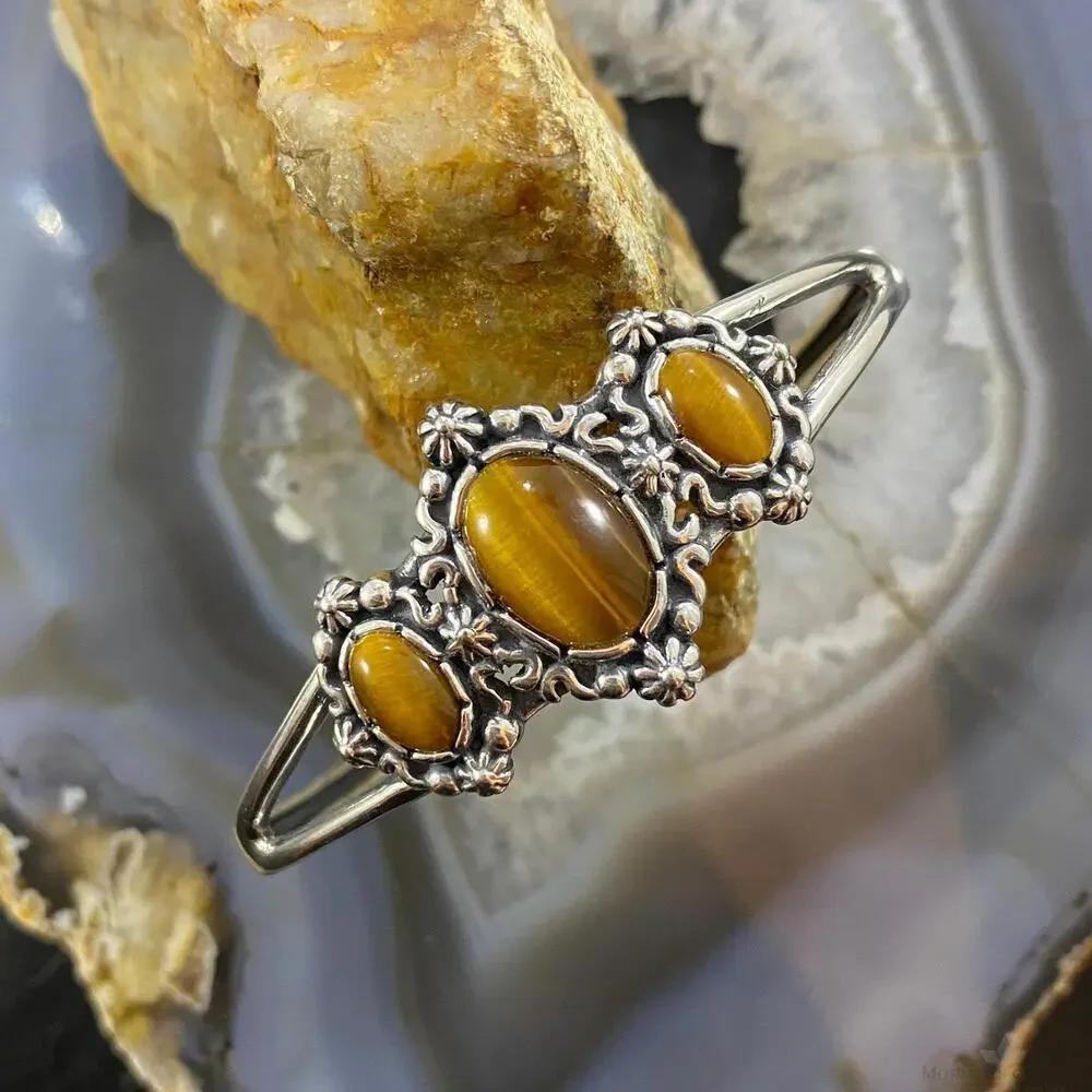 Carolyn Pollack Vintage Southwestern Style Sterling Tiger Eye Decorated Bracelet